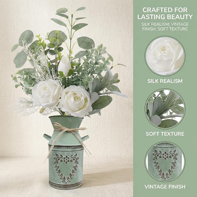 Faux Flowers in Vase 17.5" H Artificial Silk Roses Flower Fake Plants Eucalyptus Arrangement in Metal Vase Faux Silk Floral for Dining Table Centerpieces Home Office Decoration (White/Green Vase)