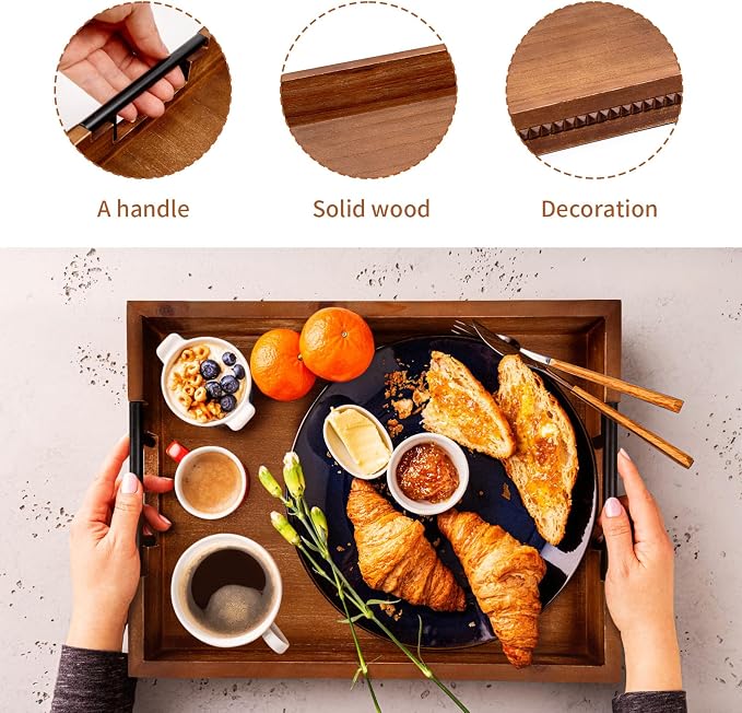 Wooden Serving Trays with Metal Handles Vintage Ottoman Tray 15 X 11 Wooden Retro Decorative Trays with Geometric Beads for Coffee Table & Home Decor (1 Pack)