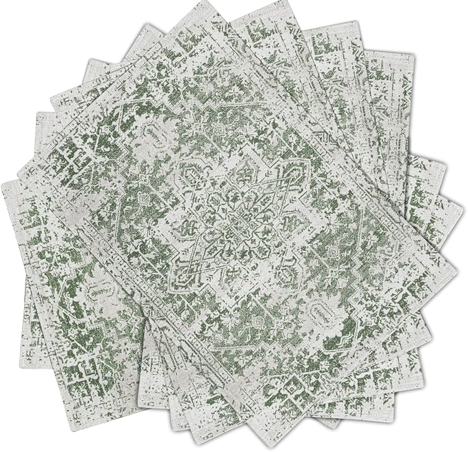 Gray Sage Green Boho Placemats Set of 6 Ethnic Bohemian Carpet Place Mats Washable Kitchen Dining Vintage Grey Geography Floral Linen Table Mats Stain Heat-Resistant for Home Party Indoor 12x18 in