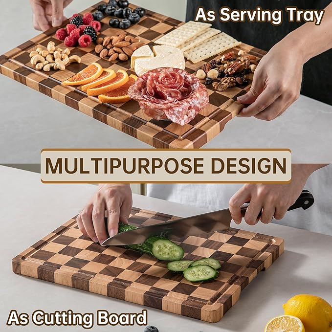 Checkered Cutting Board, Wooden Cutting Boards for Kitchen, Acacia Wood Cutting Board with Handle & Juice Grooves, Small Charcuterie Boards with Gift Box, 14" X 11" X 0.8"