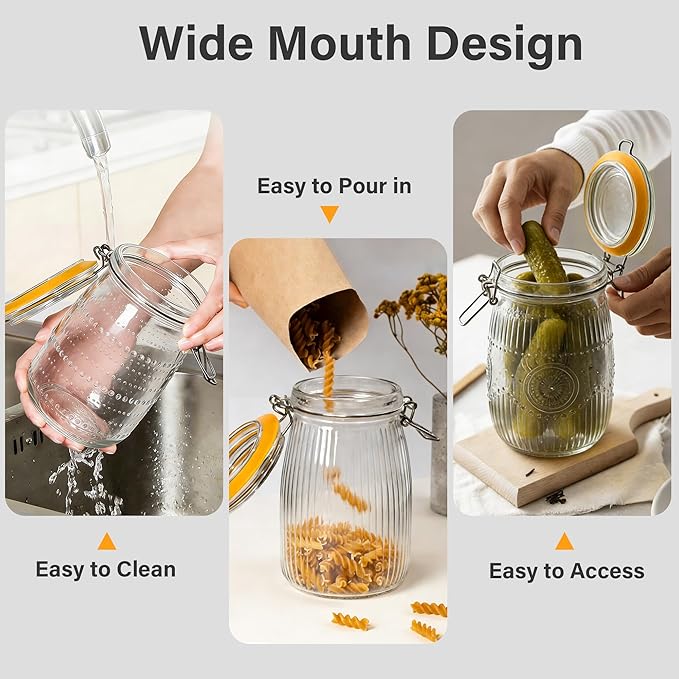 Glass Jars with Airtight Lids, 6Pack 32oz Wide Mouth Mason Jar with Clamp Lids, Food Containers for Grains, Nuts, Noodles, Coffee Beans, Snacks, Fruits, Polka Dots