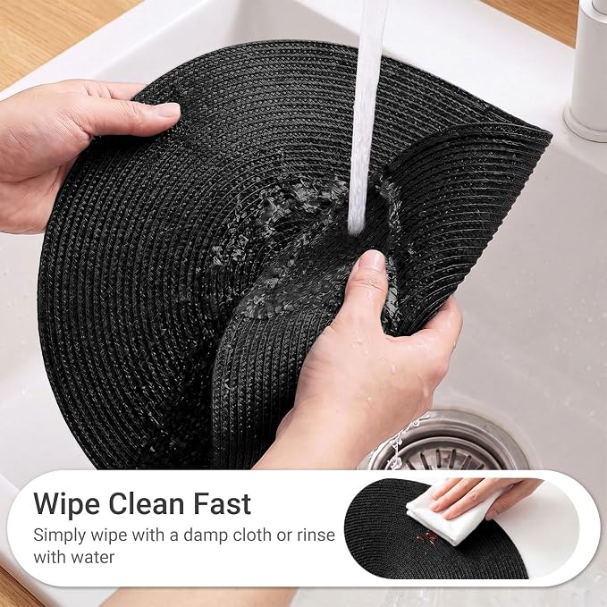 FunWheat Round Braided Placemats Set of 6 Place Mats for Dining Table Woven Washable Non-Slip Table Mats 15 Inch (Black, 6pcs)