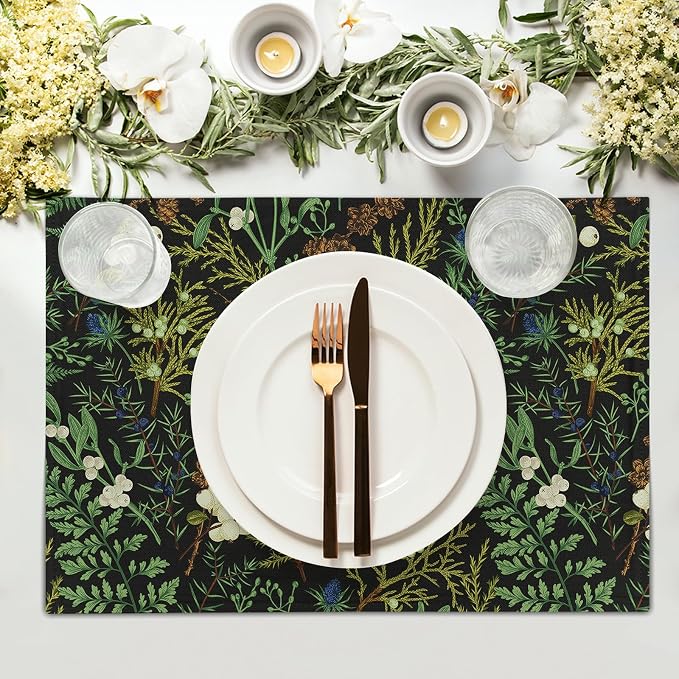 Spring Green Leaves Placemats Set of 6 Botanical Fern Leaf Floral Place Mats Washable Kitchen Dining Summer Black Linen Table Mats Stain Heat-Resistant for Home Party Indoor 12x18 in