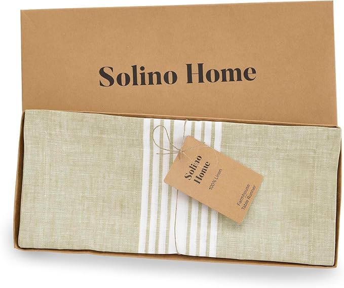 Solino Home Stripe Linen Table Runner 144 Inches Long - 100% Pure Linen White and Pale Khaki Farmhouse Table Runner 14 x 144 Inch for Dining, Summer