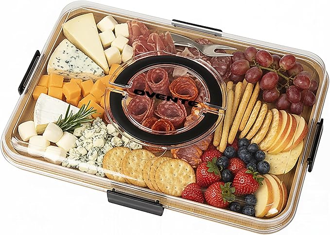 OVENTE Charcuterie Board with Clear Locking Lid and Black Handles, 16.5" x 12.6" Bamboo Food Serving Tray, Portable Cheese Cutting Board for Entertaining or Picnic, House Warming Gifts, Brown B011713B