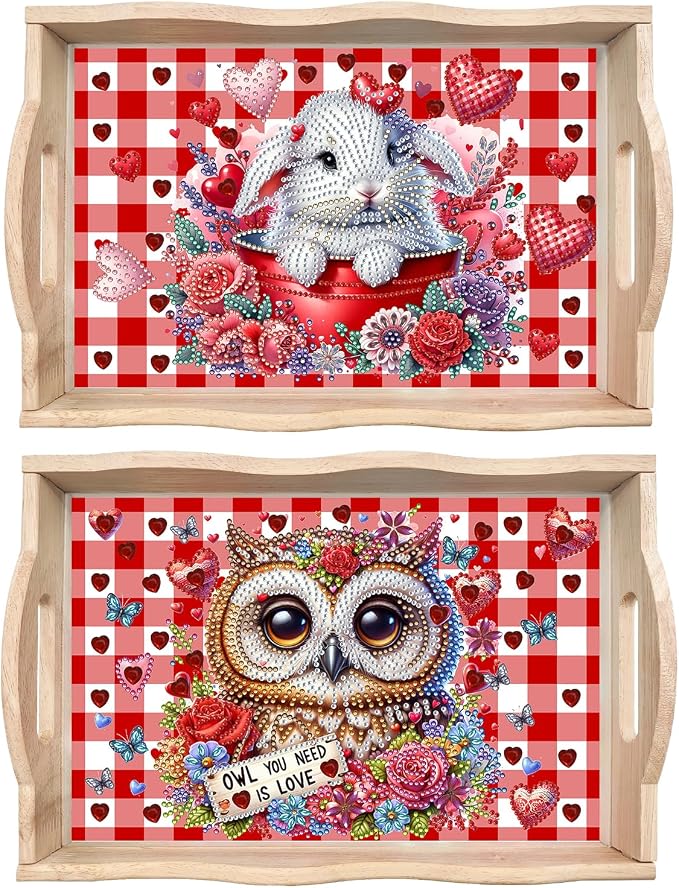 BAYUNOE DIY Diamond Serving Tray Rectangular Breakfast Tray with Handle Handmade Diamond Art Painting Wooden Tray Valentine's Day Red Plaid Dinner Plate Coffee Room Living Home Organizer-2Pcs-01