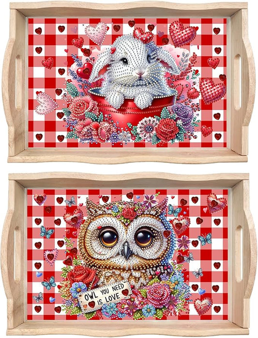 BAYUNOE DIY Diamond Serving Tray Rectangular Breakfast Tray with Handle Handmade Diamond Art Painting Wooden Tray Valentine's Day Red Plaid Dinner Plate Coffee Room Living Home Organizer-2Pcs-01