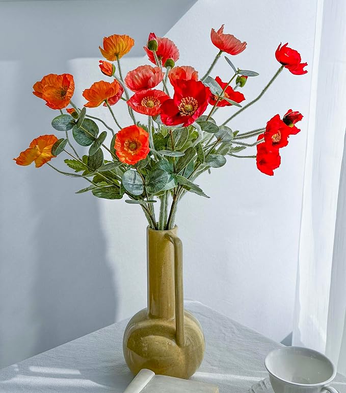 Artificial Flowers of Poppies and Eucalyptus Stems, Red and Orange Flowers Artificial for Vase, Silk Flowers Arrangement for Wedding Party Farmhouse Home Office Table Centerpieces Decoration