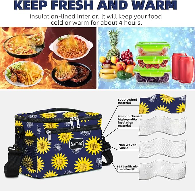 BEIMILY Lunch Box for Men/Women,Small Insulated Lunch Bag,Reusable LunchBox for work Picnic Hiking Beach,Leakproof Soft Cooler Tote Bag Organizer with Adjustable Shoulder Strap for Adults(sunflower)