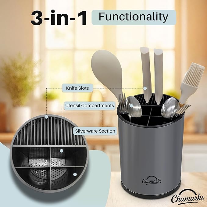 3-in-1 Kitchen Utensil Holder for Countertop with Knife Block and Silverware Caddy. (Gray)