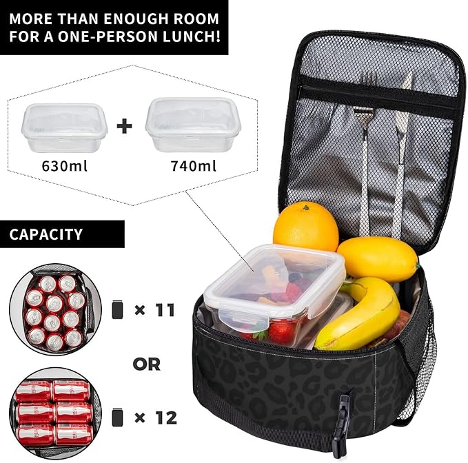 Black Leopard Cheetah Print Animal Skin Print Insulated Lunch Bag Portable Reusable Zipper Lunch Box For Men Women Work Picnic Travel Camping
