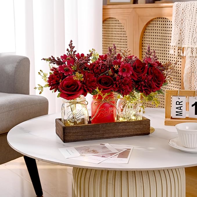 BLEUM CADE Mason Jar Centerpiece Table Decorations, Mason Jar Lights Centerpiece for Kitchen Dining Table Farmhouse Coffee Table Wedding Home Decor with 3 Jars Artificial Flowers & Wood Tray