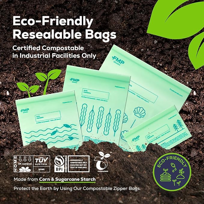 Fit Meal Prep 100% Compostable Food Storage Bags Set, Resealable Bags Plant-Based Freezer Bag for Food, ASTM D6400, US BPI & EU OK Compost Certified