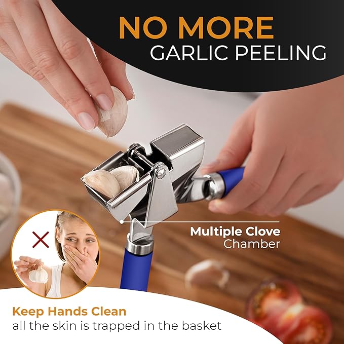 ORBLUE Garlic Press and Peeler Set, Stainless Steel - Professional Grade Mincer, Crusher - Dishwasher Safe & Rust-proof, Blue