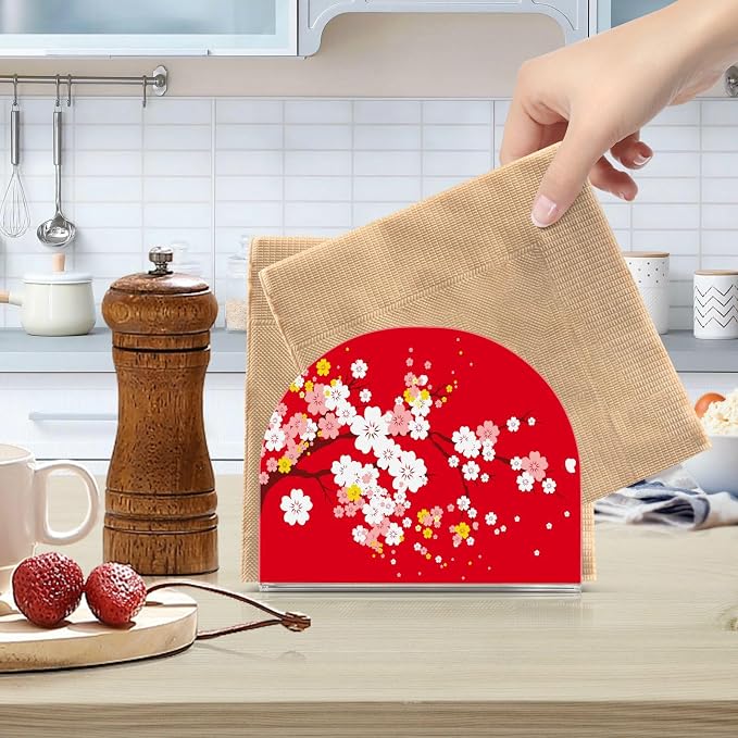 Japaneses Tree Red Cherry Bloom Napkin Holder for Tables Paper Cocktail Napkin Holders for Kitchen and Dinning, Acrylic Dinner Napkin Dispenser for Restaurant Home Decor Bar Accessories 1 Pack