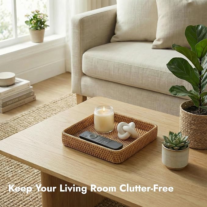 8.3" x 8.3" Wicker Tray, Woven Decorative Tray, Square Rattan Tray Bathroom Vanity Tray Catchall Organizer for Perfume Skincare Jewelry Coffee Bar Kitchen Counter Nightstand Living Room (Square S)