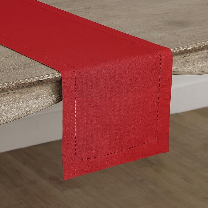 Solino Home Linen Red Table Runner 108 Inches Long - 100% Pure Linen 14 x 108 Inch Table Runner for 4th of July - Classic Hemstitch