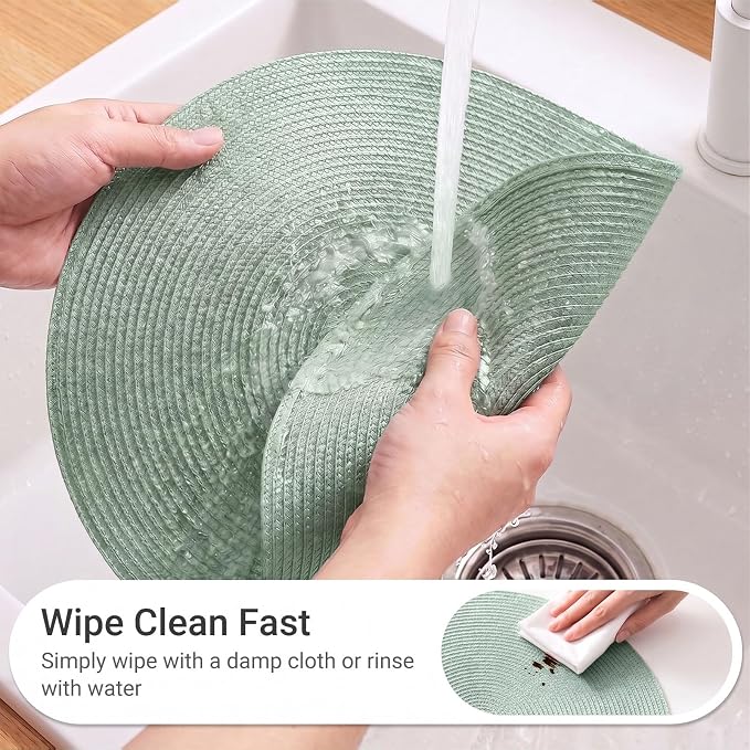 FunWheat Round Braided Placemats Set of 6 Place Mats for Dining Tables Woven Washable Non-Slip Table mats 15 inch(Fog Green, 6pcs)