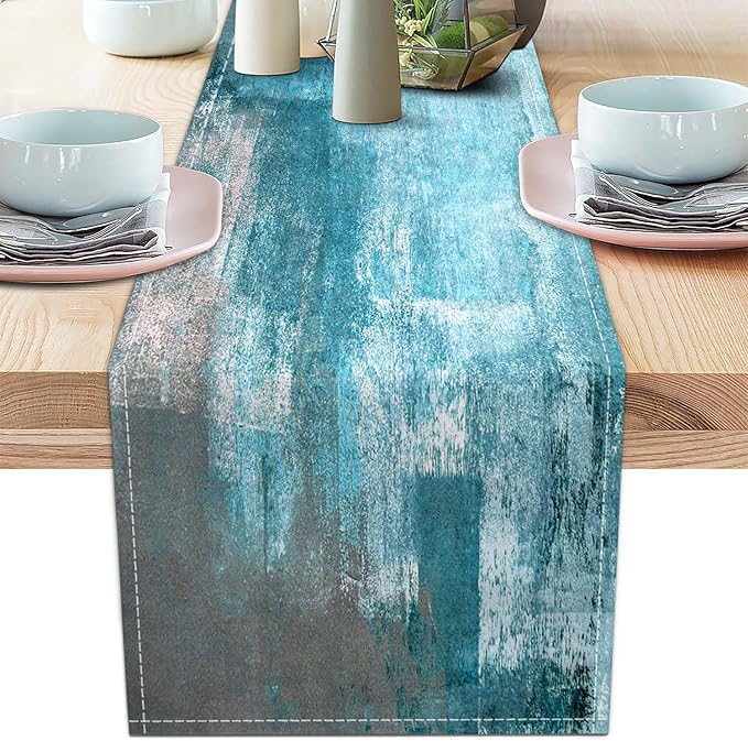 Table Runner Modern Abstract Art Painting Linen Dresser Runner Rustic Farmhouse Style Table Decor for Kitchen Dining Wedding Coffee Home Party (Teal, 13"x 71")