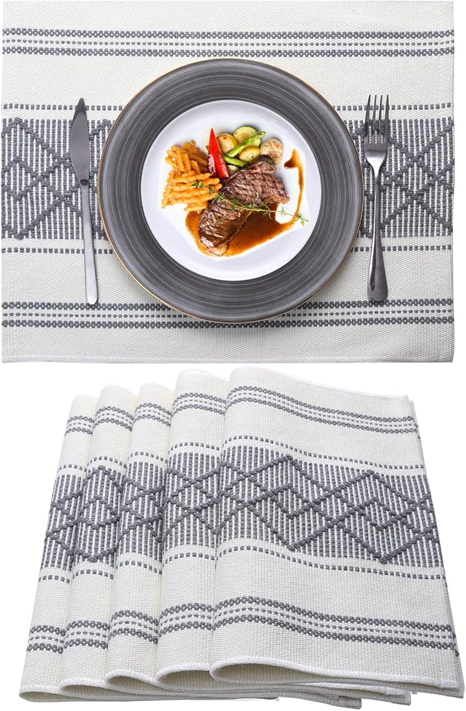 Elegant Thick placemats for Dining Table Decor Farmhouse Heat Resistant Table Place mats Set of 6 Quality Woven Cloth Placemats Washable Dinner mats (Grey, 6)