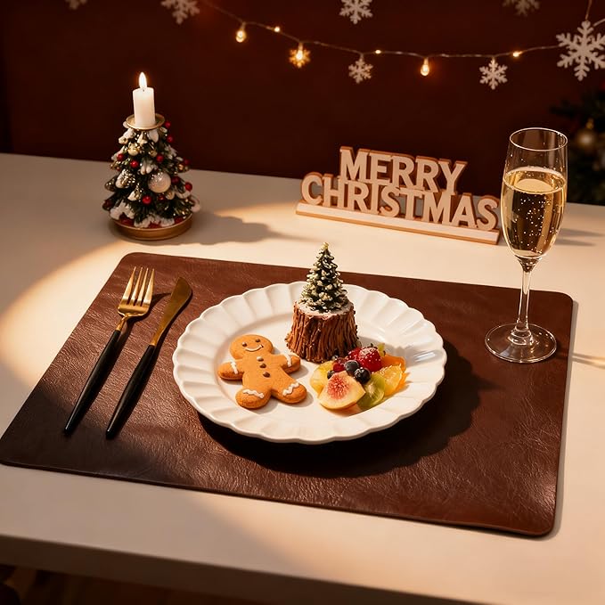 Placemats Set of 4, DOLOPL Reversible Dual-Color Faux Leather Place Mats 17"x11.8"– Waterproof, Heat Resistant, Washable & Wipeable, Luxury Retro Style for Kitchen, Dining Table (Dark Brown & Black