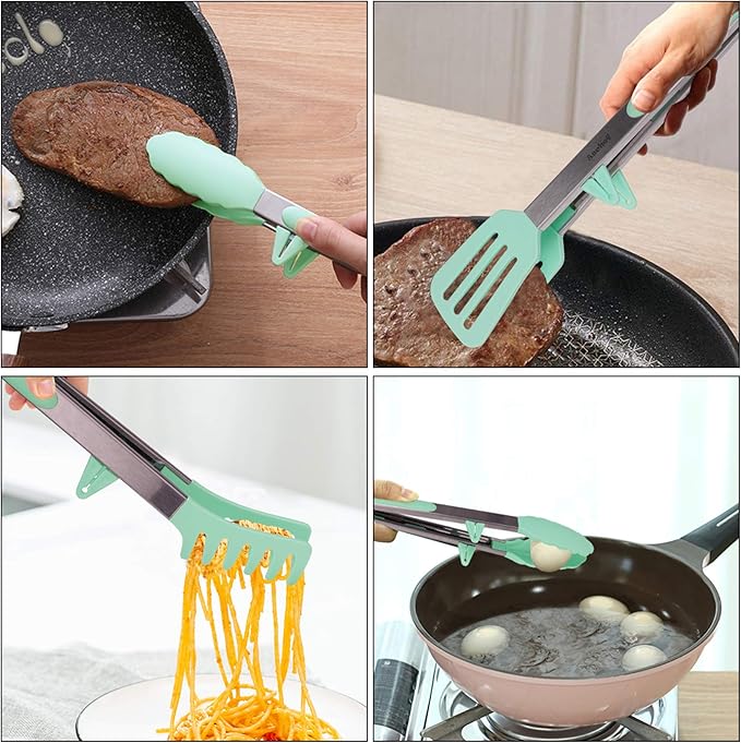 4in1 Stainless Steel Kitchen Food Tongs Set for Cooking with BPA Free Silicone Tips, Toaster Steak Pie Pizza Pasta Spaghetti Noodles Salad Fruit Vegetable Grill BBQ Buffet Clamp Serving Tools Gadgets