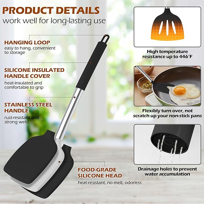 HaWare 29 PCS Silicone Cooking Utensils Set, Heat Resistant Kitchen Utensils Set with Stainless Steel Handle, Spatula Sets with Holder and Hooks, Kitchen Tools Gadgets for Nonstick Cookware -Black