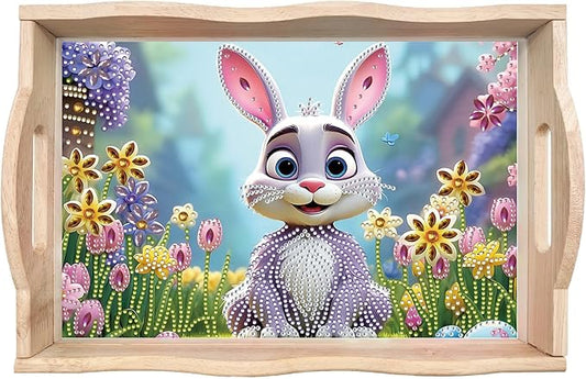 BAYUNOE DIY Diamond Serving Tray Rectangular Breakfast Tray with Handle Handmade Diamond Art Painting Wooden Tray Spring Creative Dinner Plate Coffee Room Living Home Organizer-Easter Bunny
