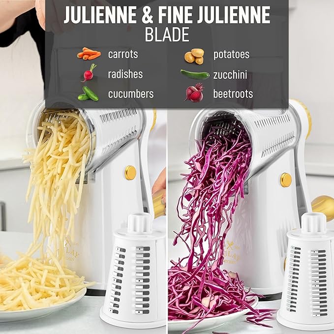 Zulay Kitchen Rotary Cheese Grater 5 Blade Cheese Shredder - Manual Hand Crank Cheese Grater With Reinforced Suction & 5 Interchangeable Drums - Easy to Use, Vegetable Chopper Round Mandoline Slicer