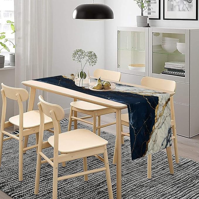 Marble Table Runner, Abstract Navy Blue White and Gold Modern Luxury Texture Printed Linen Table Runners for Living Room Kitchen Dining Room Party Holiday Home Decor 13" W x 72" L