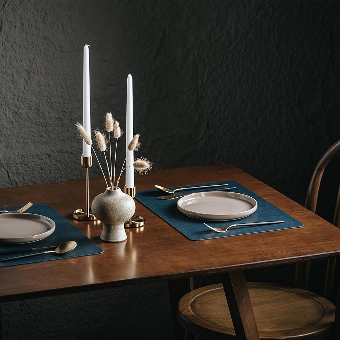 Placemats Set of 12, DOLOPL Reversible Dual-Color Faux Leather Place Mats 17"x11.8"– Waterproof, Heat Resistant, Washable & Wipeable, Luxury Retro Style for Kitchen, Dining Table (Camel/Navy Blue)
