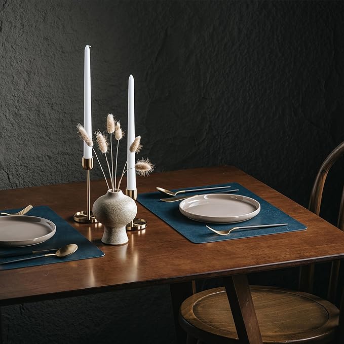 Placemats Set of 4, DOLOPL Reversible Dual-Color Faux Leather Place Mats 17"x11.8"– Waterproof, Heat Resistant, Washable & Wipeable, Luxury Retro Style for Kitchen, Dining Table (Camel/Navy Blue)