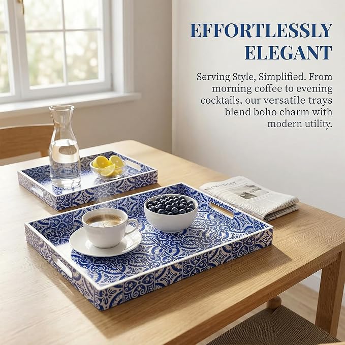 2 Pack Serving Tray with Handles, Rectangular Decorative Trays for Coffee Table, Modern Blue Plastic Ottoman Tray for Living Room, Bathroom, Kitchen, Decor, (Boho Blue)