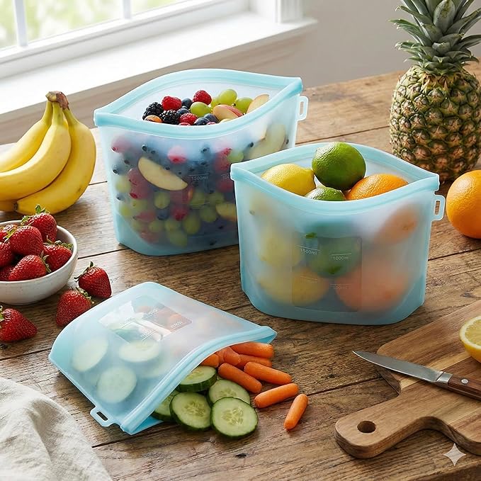 Zyra Reusable Silicone Food Storage Bag Set – 3 Sizes (500ml, 1000ml, 1500ml) – Leakproof, Foldable, Microwave & Freezer Safe, BPA-Free, Dishwasher Safe, Eco-Friendly Meal Prep. (Tranquility Blue)