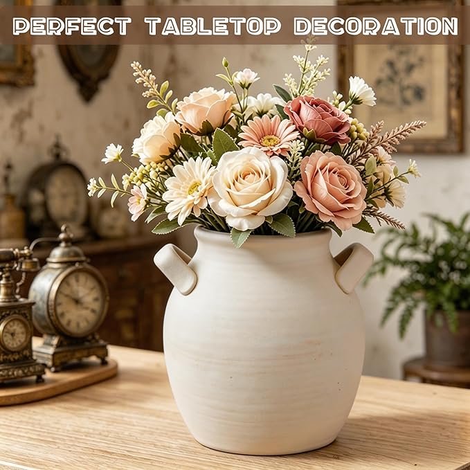 Rustic Kitchen Utensil Holder with Handle, 7" Ceramic Farmhouse Stable Utensil Crock for Countertop, Vintage Cooking Tool Organizer & Spatula Holder For Kitchen Decor (White)