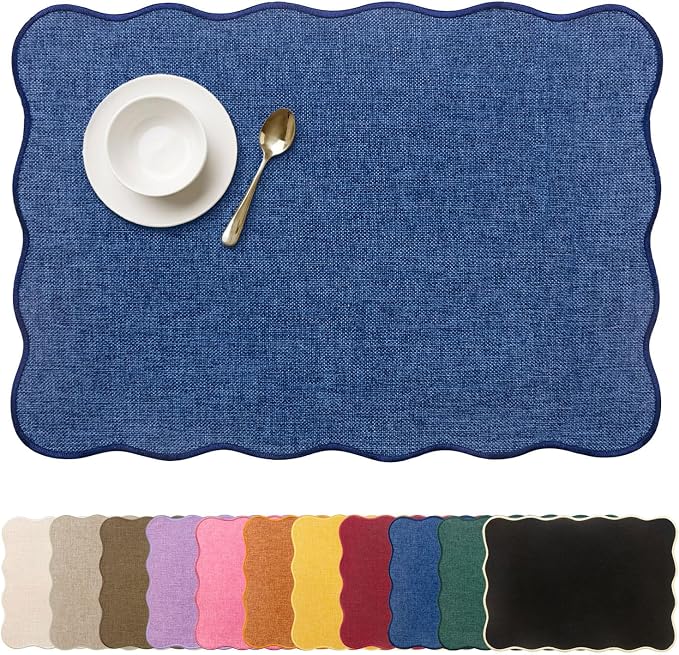 AHHFSMEI Faux Linen Placemats Set of 6 Heat Resistant Non-Slip Stain Proof Table Mats for Kitchen Dining Elegant Decor Place Mats (Blue)