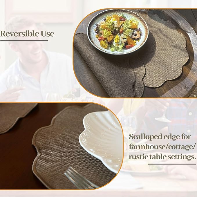 AHHFSMEI Round Faux Linen Placemats Set of 6 Heat Resistant Non-Slip Stain Proof Table Mats for Kitchen Dining Elegant Decor Place Mats (Brown,6)