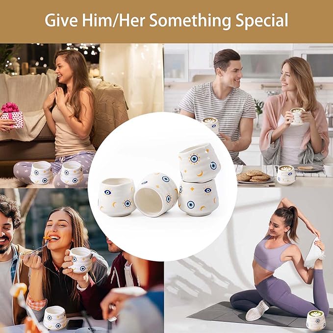 4pcs Japanese Tea Cup Set – Mini Size Cup 5OZ Ceramic Matcha Cup, Handless Espresso Cups, Cute Small Porcelain Coffee Mugs, for Coffee Tea Lovers, Dishwasher & Microwave Safe (Evil Eye)