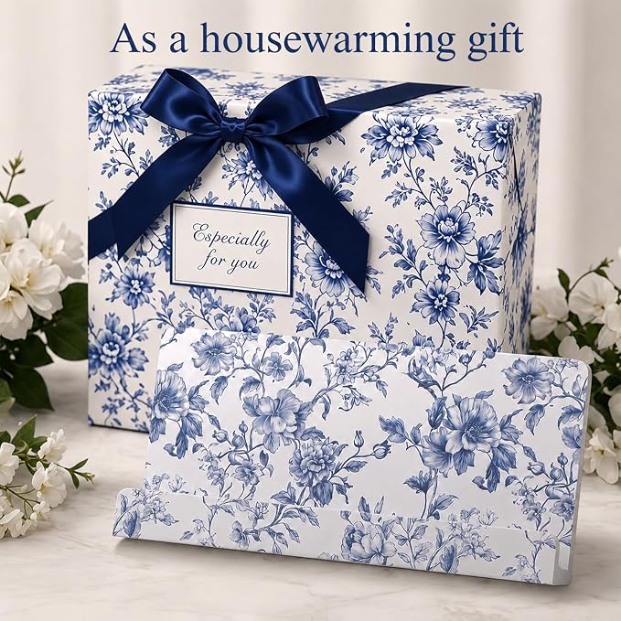 Hushee Chinoiserie Floral Recipe Book Holder Wood Blue and White Kitchen Decor Blue and White Cookbook Stand for Kitchen Countertop Recipe Book Holder for Cooking Lover Housewarming Gift, 18.7x8.7inch