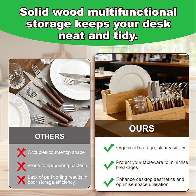 Large Kitchen Utensil Holder Caddy, 6 Compartments Wooden Utensils Organizer for Cooking Utensils, Silverware, Paper Plate, Spoon, Fork, Cutlery Storage on Kitchen Countertop for Party Hosting