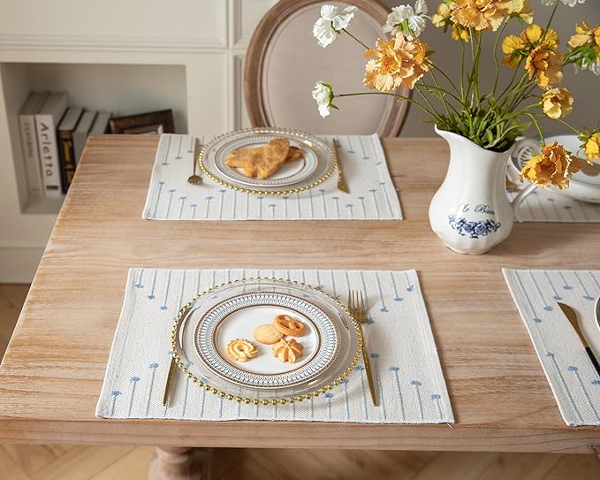 Placemats Set of 4 for Dining Table Décor, Woven Cloth Place Mats for Farmhouse Kitchen Tabletop, Handcrafted Machine Washable Cotton Table mats 13 x 19 Inch, Light Blue and Beige
