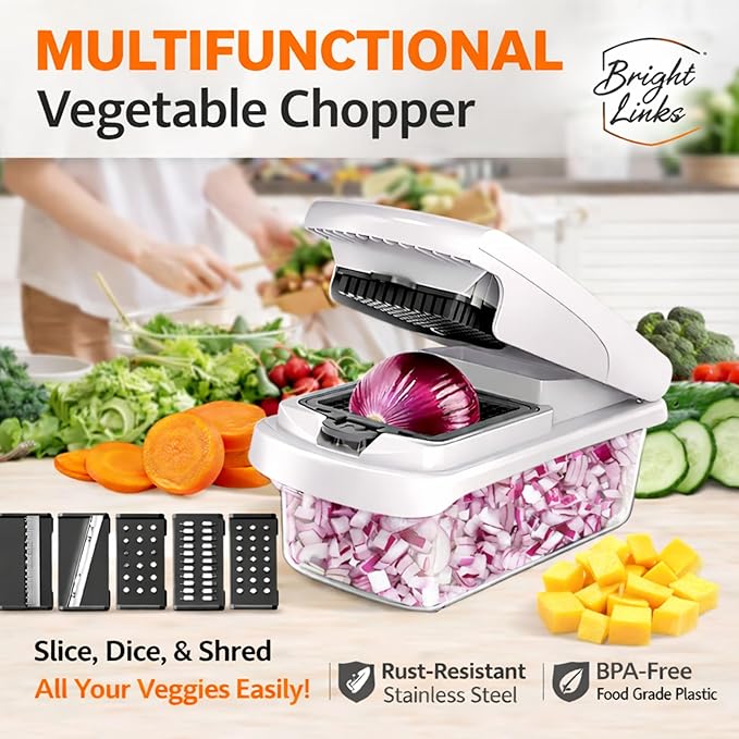 12-in-1 Vegetable Chopper with Container – Mandoline Slicer, Onion Chopper, Food Chopper, Cheese Grater & French Fry Cutter – Multifunctional Kitchen Gadget with 8 Blades, Egg Separator & Peeler