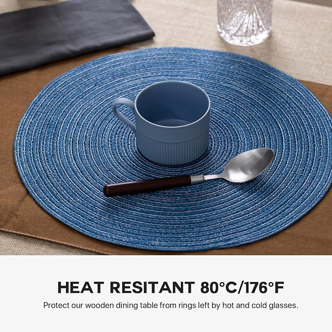 Round Placemats Set of 4 Woven Placemats Washable Braided Table Mats for Dining Table Heat Resistant Non-Slip Circle Place Mats(Mid Blue)