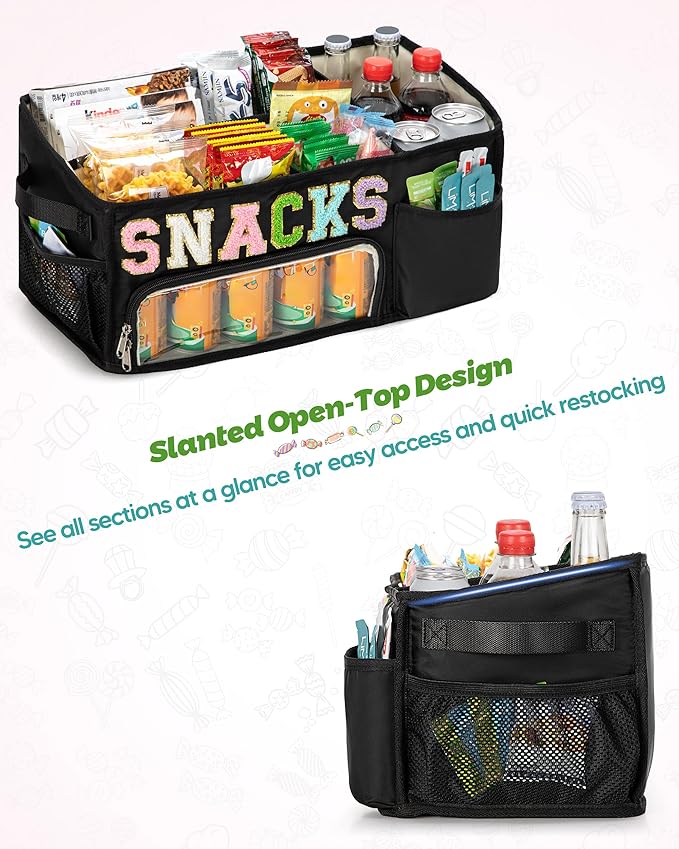 Fasrom Large Snack Organizer for Countertop, Chenille Letter Snack Basket Organizer with 6 Compartments, Pantry Storage Bin with Handles, Food Container Snack Box for Chips, Candy, and Snacks, Black