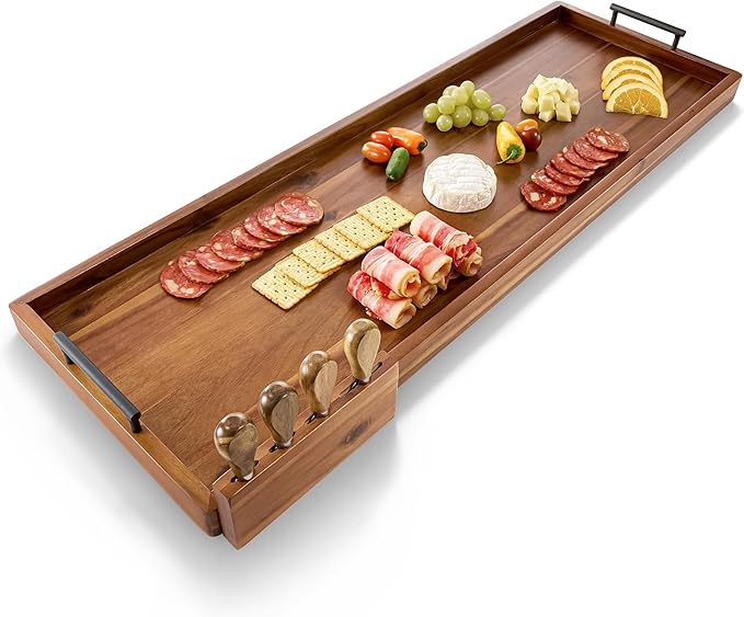 TIDITA Acacia 36 Inch Large Charcuterie Boards for Party with Cheese Knife Set of 4 – Acacia Wood Serving Tray with Handles, Long Charcuterie Board, Wooden Cheese Board