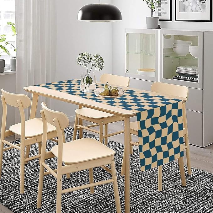 Groovy Retro Checkered Table Runner Vintage Abstract Wavy Swirl Twisted Blue Hippie Grid Dinner Runner for Farmhouse Country Home Kitchen Dining Table Party Holiday Decor 13x36in