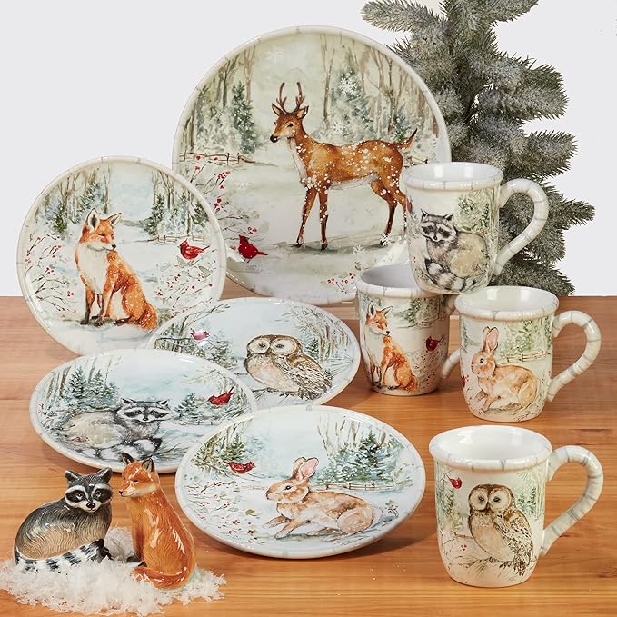 Winter’s Walk Set of 4 Ceramic Mugs – Enjoy hot cocoa, tea, or coffee in these delightful 16oz mugs adorned with foxes, owls, and raccoons, adding a touch of winter wonder to your mornings