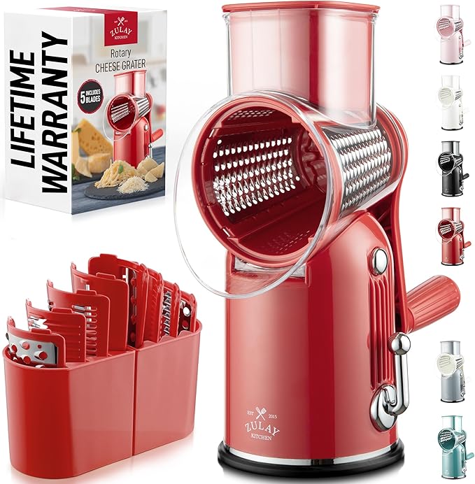 Zulay Kitchen Rotary Cheese Grater 5 Blade Cheese Shredder - Manual Hand Crank Cheese Grater With Reinforced Suction & 5 Interchangeable Drums - Easy to Use, Vegetable Chopper Round Mandoline Slicer