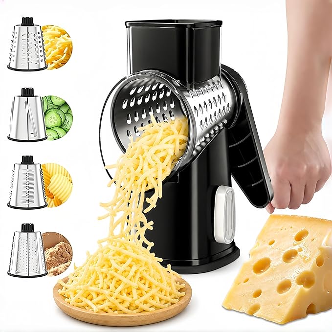 VEKAYA Rotary Cheese Grater Hand Crank with 4 Interchangeable Stainless Steel Blades, Large Manual Handle Shredder and Waffle Slicer for Vegetables, Cheese and Nuts with Table Suction Base (Black)