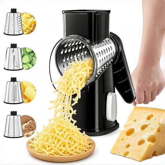 VEKAYA Rotary Cheese Grater Hand Crank with 4 Interchangeable Stainless Steel Blades, Large Manual Handle Shredder and Waffle Slicer for Vegetables, Cheese and Nuts with Table Suction Base (Black)